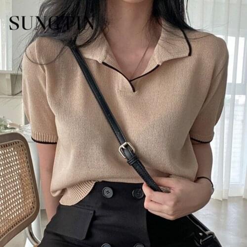Sungtin Summer Vintage Knitted T Shirts for Women Button Up Straight Turn Collar Shirt Tops Korean Chic Harajuku T Shirts 2021