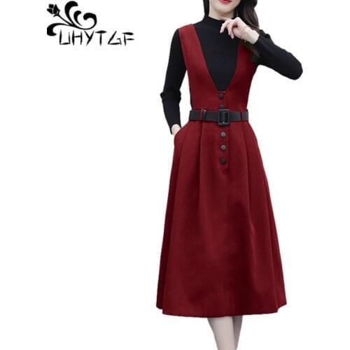 UHYTGF Spring Autumn Dress Women Fashion Two-Piece Knit Sweater With Sleeveless Vest Dresses 5XL Plus Size Skirt Set Female 1342