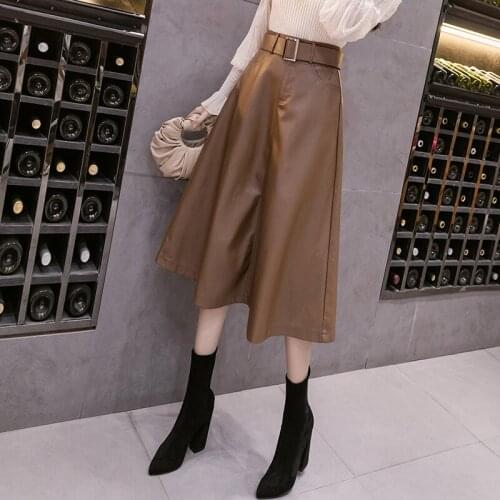 WKFYY Women Elegant PU Soft Black Brown High Waist Belt Sashes Zipper Pockets A-Line Big Hem Loose Mid Calf Long Skirt OL S4012