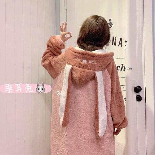 Japanese Sweet Winter Lolita Coat Girl kawaii Cartoon Hooded cat Pajamas Flannel Bathrobe women cute Rabbit Ears Warm Nightdress