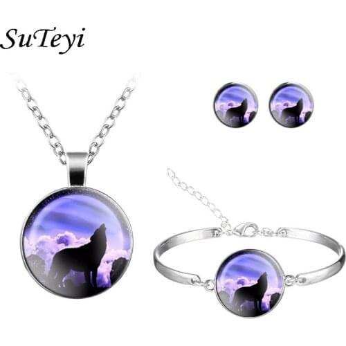 SUTEYI Charms Cool Wolf Jewelry Sets For Women Wolf Howl Round Glass Design Stud Earrings Bracelet Necklace Jewelry Sets