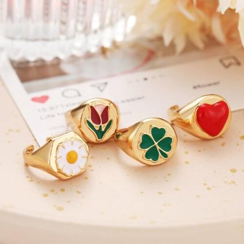 RKR Women Finger Rings Exquisite Multicolor Enamel Daisy Tulip Four Leaf Clover Gold Color Alloy Luck Open Rings Fashion Jewelry