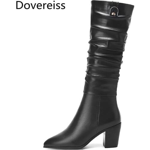 Dovereiss Fashion Womens Shoes Winter new Elegant Pointed toe Zipper leather Chunky heels Knee high boots Concise Mature 33-45