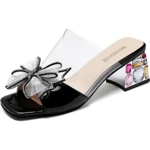 2021 Fashion rhinestone bow Slipper Women Summer New Sandals Transparent Crystal High Heels Ladies slippers Zapatos de mujer