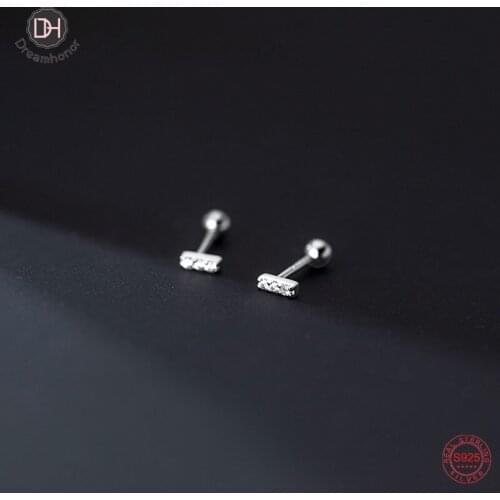 Dreamhonor 100% Real 925 Sterling Silver Short One Bar Crystal Stud Earrings For Women Engagement Jewelry