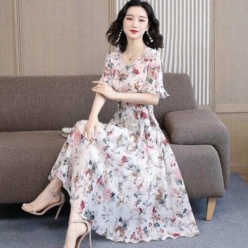 Fashion Chiffon Short Lotus Leaf Sleeve O-neck Long A-line Floral Print Slim Elegant Party Dress Vestidos Robe 4XL