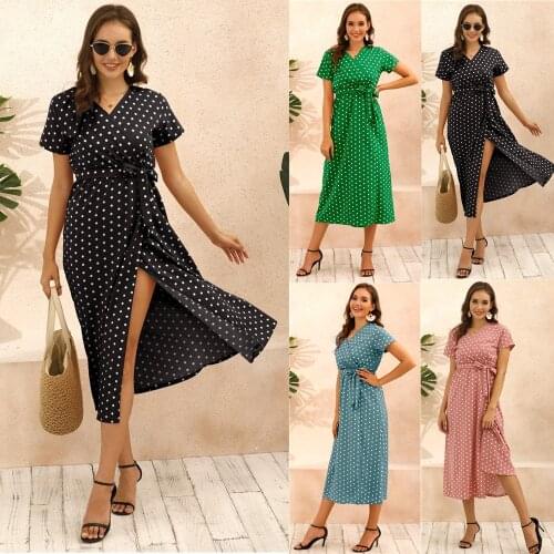 European Style Women Summer Casual Loose High Waist Dot Elegant Dress Sexy V-neck A-line Sashes Party Dress Vestidos
