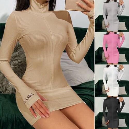 Sexy Zipper V Neck Dress Women Casual Embroidery Lucky Label Long Sleeve Knit Rib Bodycon Women Dress