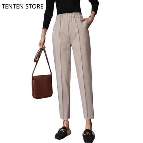 Winter womens high waist woolen push up pants casual haren office trousers with pockets plus sizes black vintage korean pants