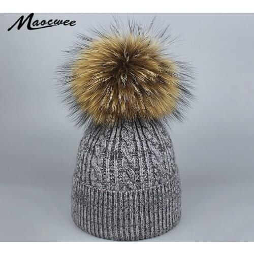Girl Boy Winter Fur Pompom Beanie Hat Cap Adult Womem Men Knitted Skullies Hats Real Raccoon Fur Pompon Hat Big Poms Poms Caps