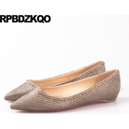 Gold chinese women dress shoes latest glitter ladies 5 china beautiful stud flats shallow designer slip on rivet pointed toe