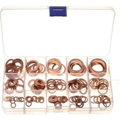 ZENHOSIT 150pcs M5-M22 Assorted Copper Washer Gasket Set Flat Ring Seal Assortment Kit With Plastic Box For Hardware Accessories