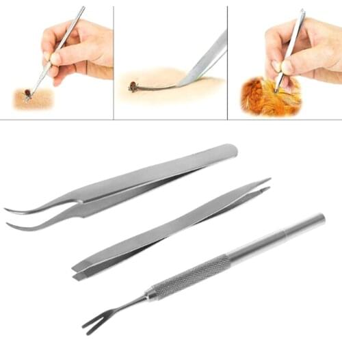 3Pcs Pet Cat Dog Tick Remover Tool Stainless steel Pet Fleas Lice Tweezers Clip Set New
