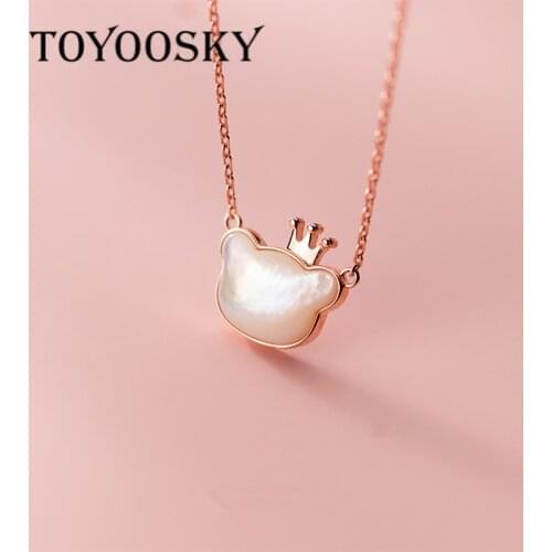 Real S925 Sterling silver Cute Shell Pearl Bear Crown Chain Pendant Necklace for Kids Girl Daughter Party Fine Accessory Gift
