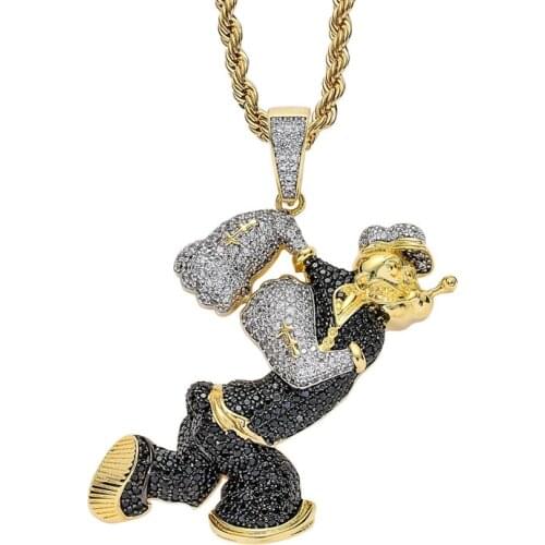 Iced Out Full Cubic Zircon Cartoon Character Popeye Pendants Necklace For Men Hip Hop Rapper Jewelry Best Gift