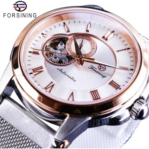 Forsining Mechanical Watches Rose Gold Case Silver Stainless Steel Unique Fashion Men Automatic Self-wind Watch Water Resistant