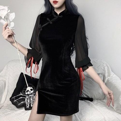 Balck Cheongsam Stitching Dress Women Slit Lace Transparent Silk Sleeve Woman Dresses Sexy Lady Slim Chinese Clothes