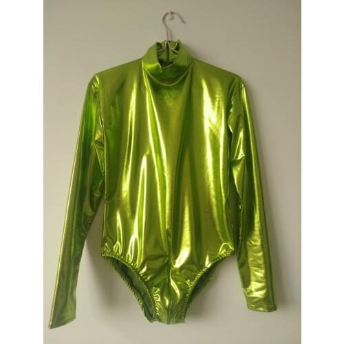 Apple green color Mens Sexy Shiny Metallic jumpsuit cosplay half bodysuit Back double zipper tights for women kids