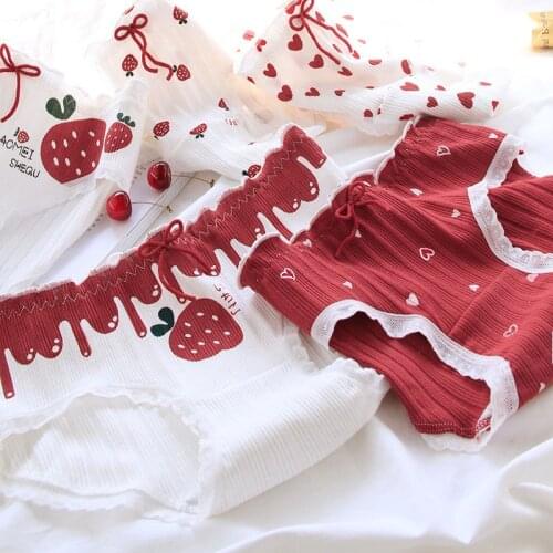 Breathable Female Underpants Strawberry Hearted Printed Sexy 1Pcs Lace Mid-waist Fashion Lingerie Women Soft Cotton Underwear