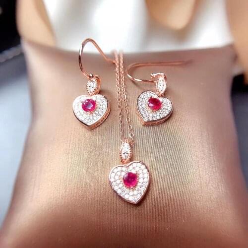 Elegant romantic heart Peach Natural red ruby gem jewelry sets natural gemstone Pendant Earrings 925 silver women party jewelry