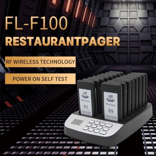 FL-F100 Wireless Restaurant Pager Calling Queuing System 16 Coaster Buzzer Receivers for Coffee Shop Clinic Church Nursery