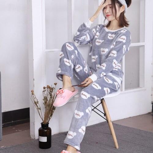 H5687 Women Flannel Pajamas Lady Autumn Winter Warm Coral Velvet Nightwear Suit Student Round Collar Cartoon Lovely Homewear