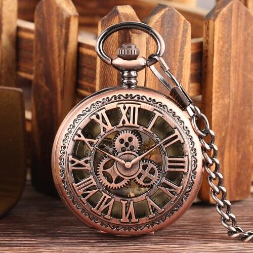 Fob Mechanical Hand Winding Pocket Watches With Chain Steampunk Necklace Gear Hollow Red Bronze Roman Numbers Unisex Watch reloj