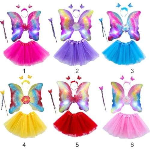 4Pcs Girls LED Fairy Costume Set Tulle Tutu Skirt Double Layer Butterfly Wings Wand Headband Princess Performance Stage Dress Up