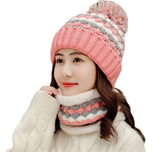 Female Winter Warm Knitted Hat With Scarf Set Fleece Thick Hats Beanies for Women Girls Outdoor Sport Plus Velvet Scarf Hat Sets