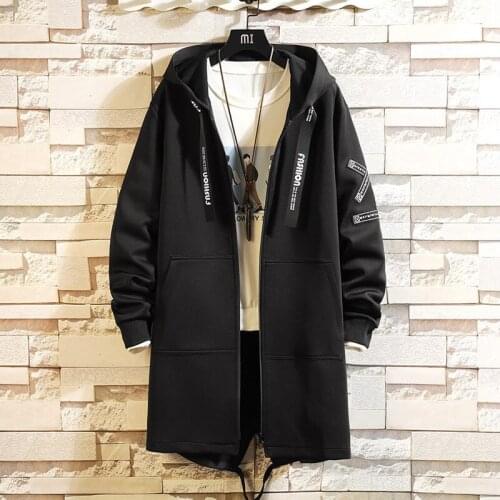 Spring autumn clothing new men hooded mid-length coat windbreaker youth big size patch decoration loose trend Jacket Long Sleeve