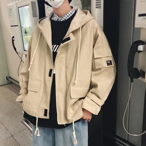 Mens Oversized Solid Vintage Jackets Streetwear Men Casual Loose Hooded Outerwear 2020 Autumn New Male Clothing