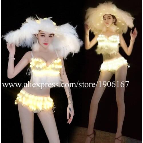 Led Luminous Christmas Party Dress Illuminated Hat Nightclub Bar Singer DJ DS Dance Clothes Led Lightling Feather Bikini Set
