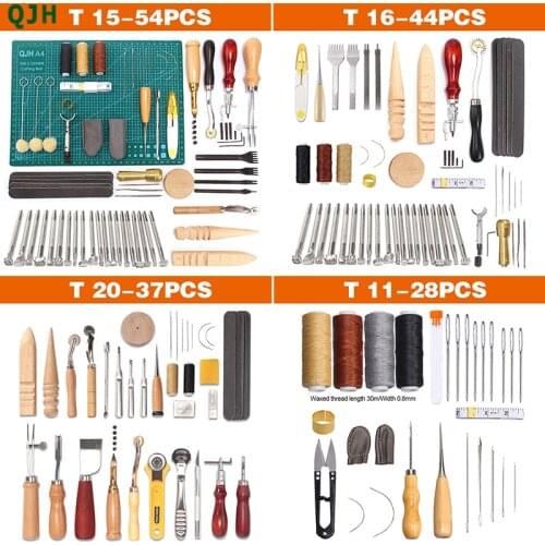 QJH7/13/18/26/28/30/37/44/54PCS Professional Leather Craft Tool Kit Hand Sewing Stitching Punching Kit Carving Work Accessories