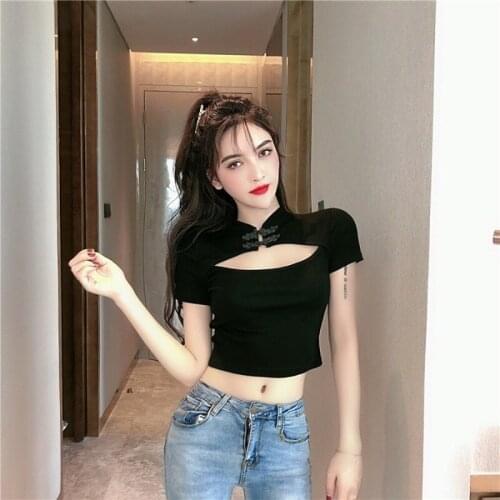 Sexy Chest Open National Style Was Thin Short-sleeved T-shirt Summer New Solid Color Tight Skinny Short Women T-shirt