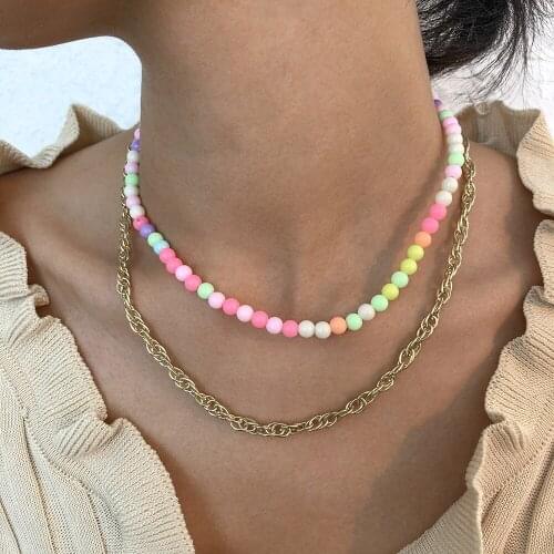 Colorful Beaded Necklace for Women Sweet Gold Color Layered Necklaces Female 2021 Fashion Jewelry Clavicle Chain Simple New