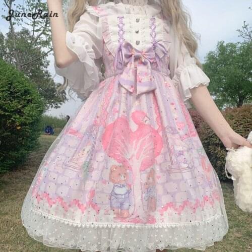 Japanese Style Victorian Sweet Lolita Jsk Dress Daily Summer Kawaii Cartoon Print Sleeveless Sling Dresses Fairy Cosplay Costume