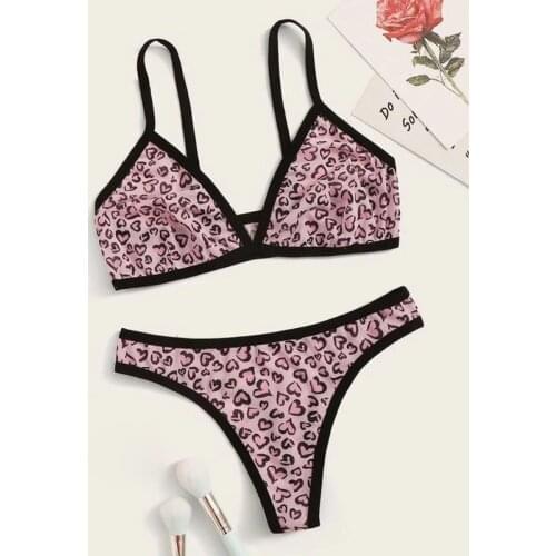 Transparent Leopard Lace Love Stars Bra Thong Set Pink Breathable Comfortable Women Vacation Lingerie