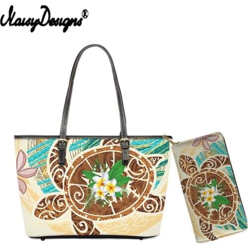 NOISYDESIGNS Luxury Tote Shoulder Bag for Lady Turtle Plumeria Pattern Womens Zipper Clutch Wallet 2pcs/Set of Pu Leather Bags