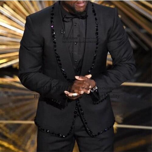 Luxury Black Prom Men Suits for Wedding with Rhinestone Slim Fit 2 Piece Blazer Pants 2021 Beaded Male Clothes Groom Tuxedo
