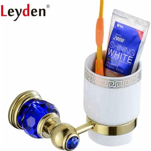 Leyden Luxury Gold Finish Blue Crystal Single Cup Tumbler Holder Brass Wall Mounted Toothbrush Tumbler Holder Bathroom Accessory