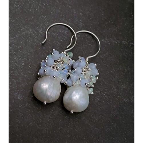 Sterling silver blue chalcedony earrings-white cultured pearls-welo Ethiopian opal