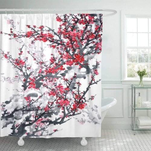Fabric Shower Curtain Hooks Pink Japanese Plum Blossom on White Traditional Chinese Painting Red Flower Landscape