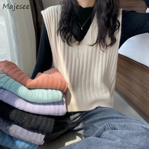 Sweater Vest Women Colorful Loose Large Size V-Neck Knitted V-Neck Solid Casual Fashion Lady Vintage Basic Sweaters Female Chic