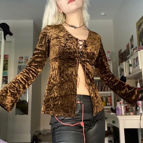 Y2K Vintage Velvet Brown Lace Up T-shirt Sexy Women Autumn Long Sleeve Cardigans Tees Harajuku Fairy Grunge Crop Top Streetwear