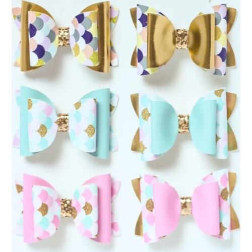 2PCS Fish Scale Pattern Leather Mix Cute Bow Handmade Side Hair Clips Hair Accessories Girls Kids Headwear Hairpins Barrettes