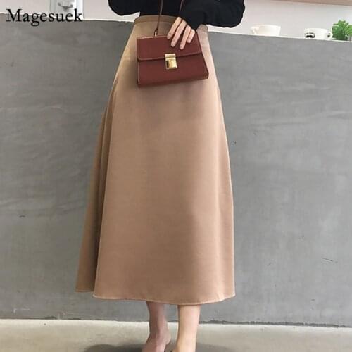 Fashion Elegant Vintage Women Skirt 2021 Autumn A-Line Plain Womens Skirts Solid High Waist Long Skirts Women Femme Jupes 9645