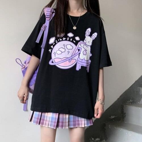 Women T-shirt 90s Vintage O-Neck Summer Fairy Print Loose kawaii Casual Short Sleeve T-shirt crop Top Female Harajuku OverSize