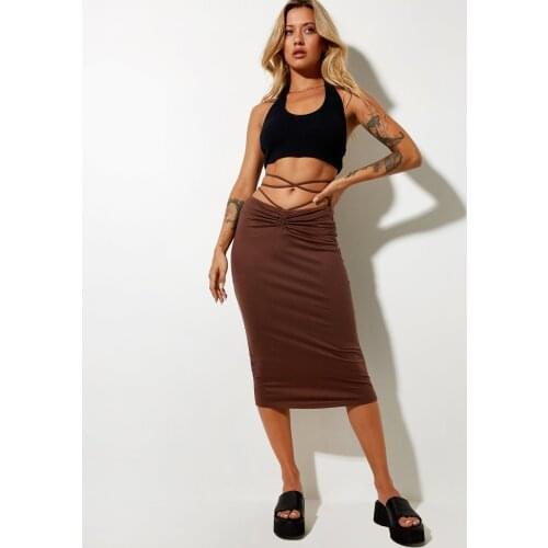 Women Solid Color Summer Midi Skirt Fashion Girls Slim Fit High Waist Tie-up Drawstring Skirt with Bandage Cross Skirts Gaono