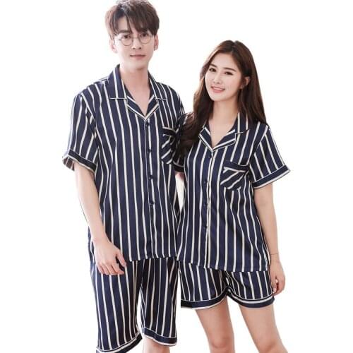 Couple pajamas female striped rayon pajamas spring and summer thin short-sleeved suit XL home service Night set pyjamas women