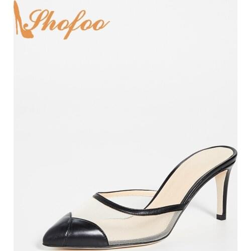 Black Nude Pumps Pointed Toe High Thin Heels Mules Women Petal Leaf Design Slip On Large Size 13 15 Ladies Fashion Shoes Shofoo